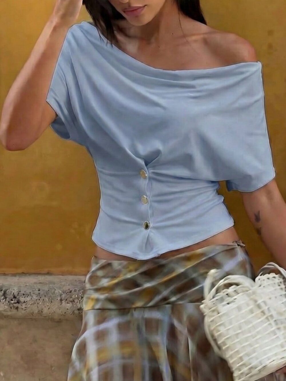 Dusty Blue Casual Women's Colorblock Off-Shoulder Top - Picture 4 of 6